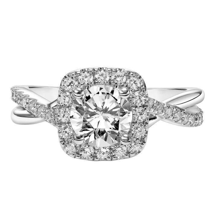 Diamond Halo Engagement Ring with Half Diamond Half Polished Twisted Shank