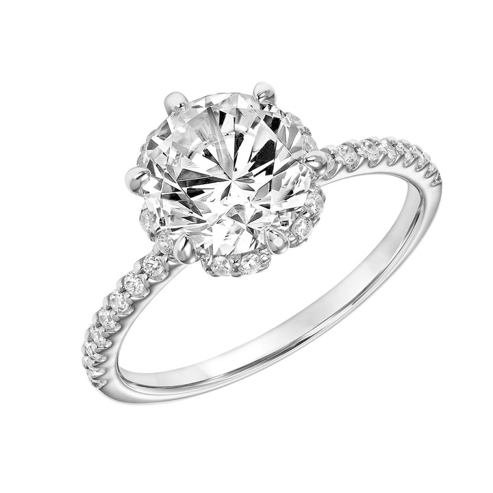 Classic Six Prong Setting Engagement Ring with Hidden Halo and Diamond Shank.  Center Stone is not included.