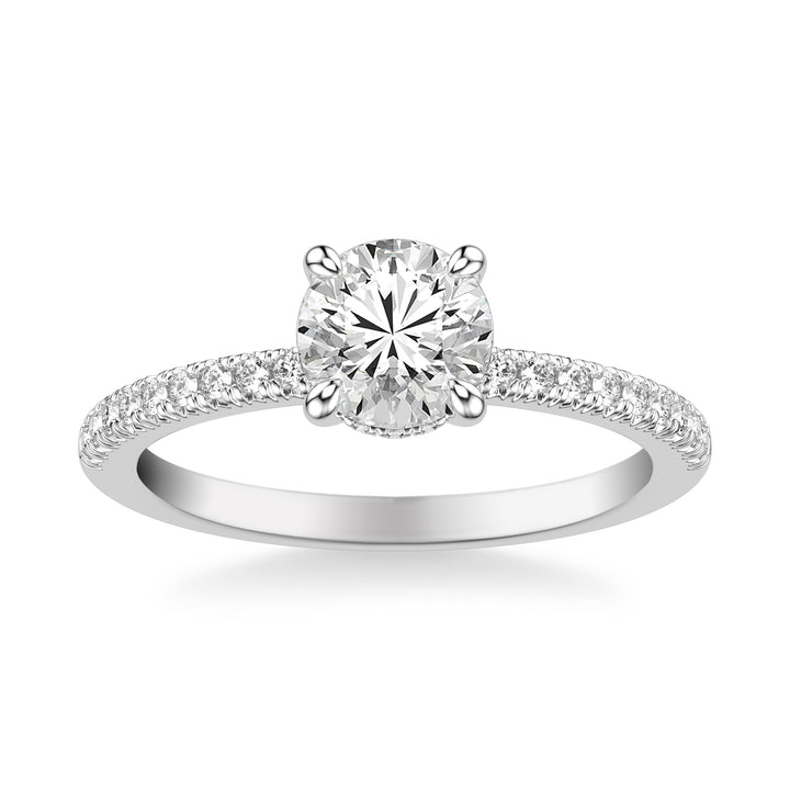 Classic Engagement Ring with Hidden Diamond Halo and Round French Pave Diamond Shank.  Center Stone is not included.