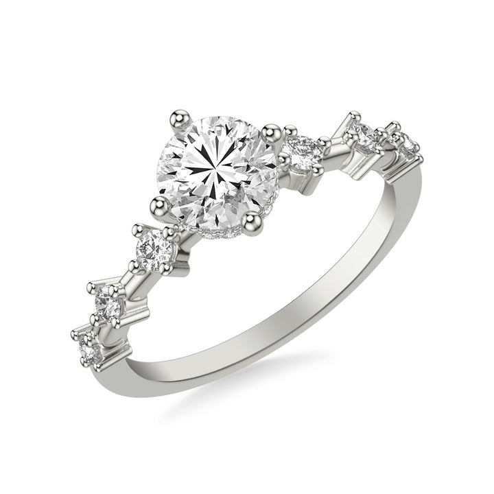 Contemporary Engagement Ring with Hidden Halo and Single Diamond Station Accented Band.  Center Stone is not included.