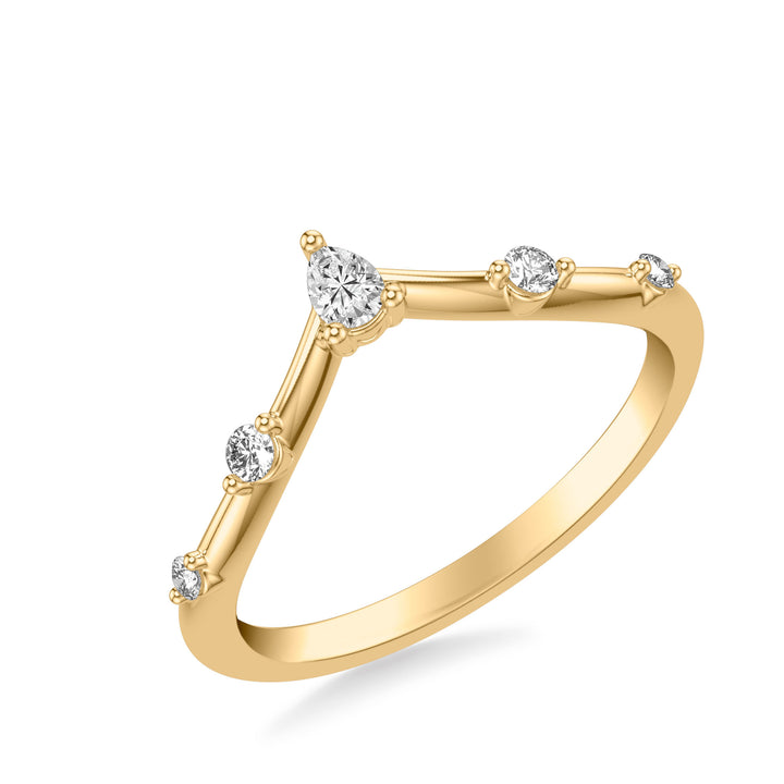 Classic V-Shaped Wedding Band with Single Diamond Stations and Petite Pear Diamond Accent