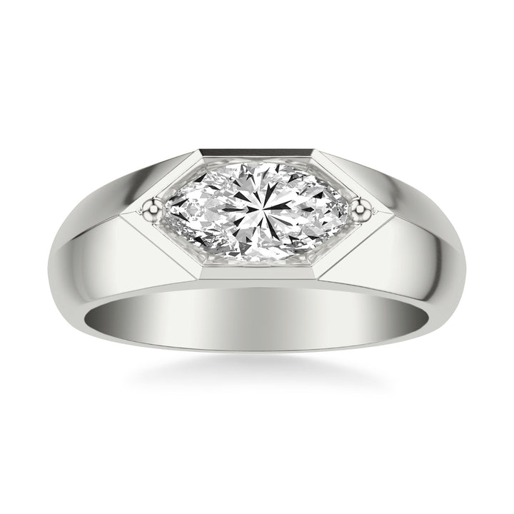 Contemporary East West Oval Engagement Ring with Wide Knife Edge Polish Band