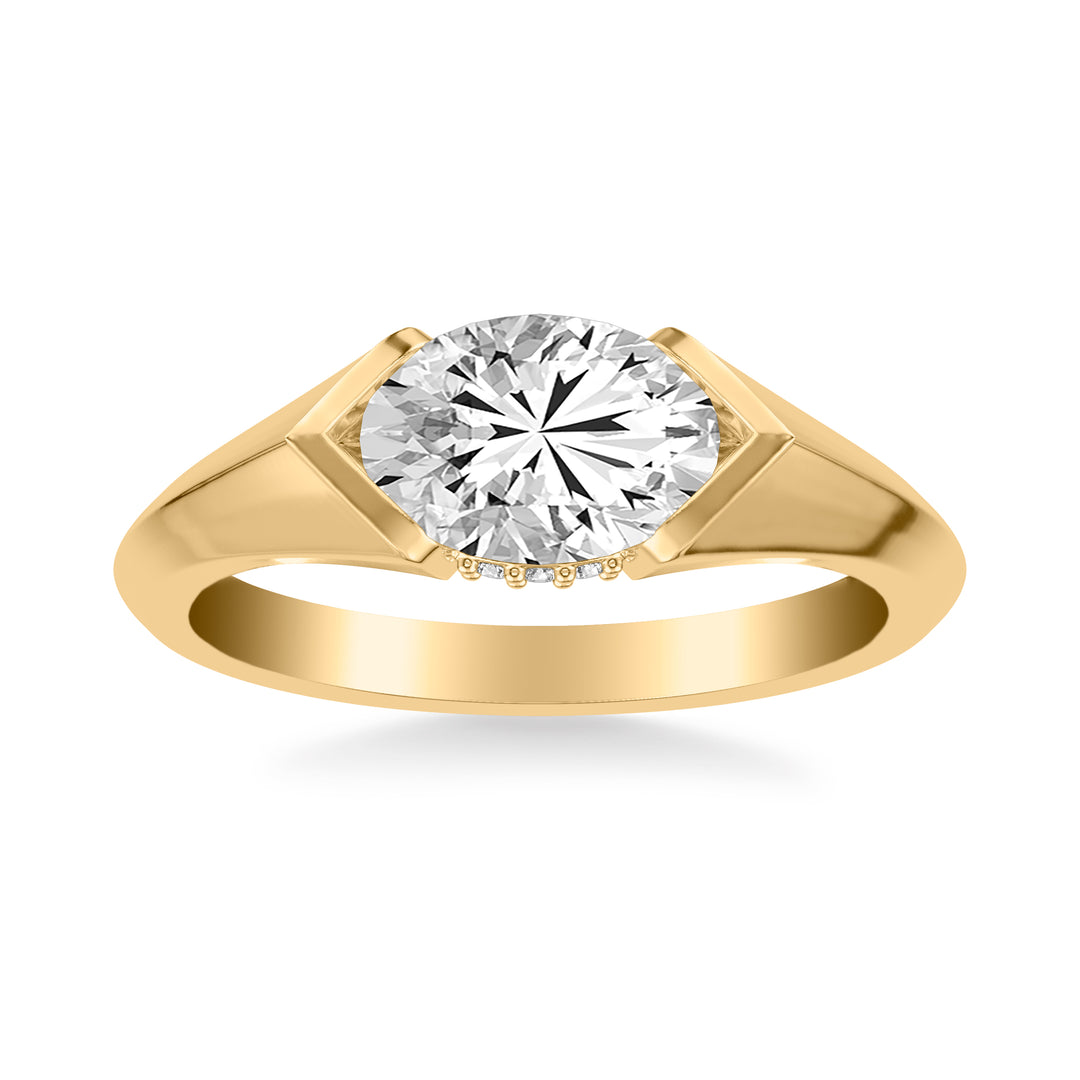 Contemporary East West Oval Engagement Ring with Hidden Halo and Knife Edge Polish Band