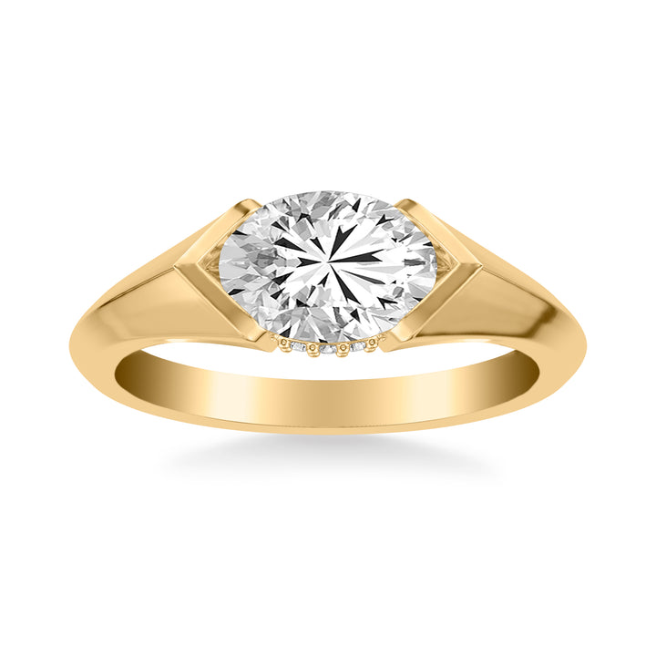 Contemporary East West Oval Engagement Ring with Hidden Halo and Knife Edge Polish Band