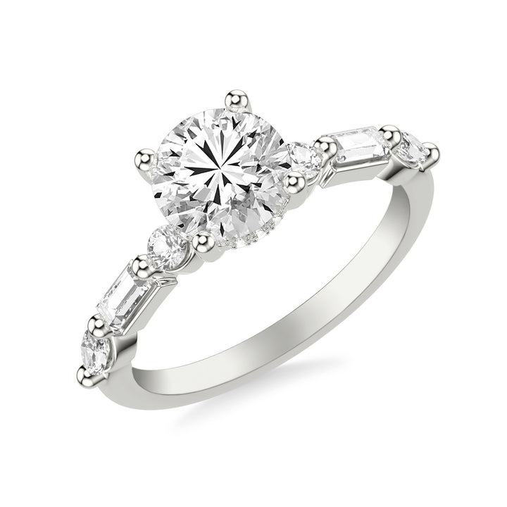 Contemporary Engagement Ring with Hidden Diamond Halo and Mixed Fancy Round and Baguette and Marquise Diamond Shank.  Center Stone is not included.