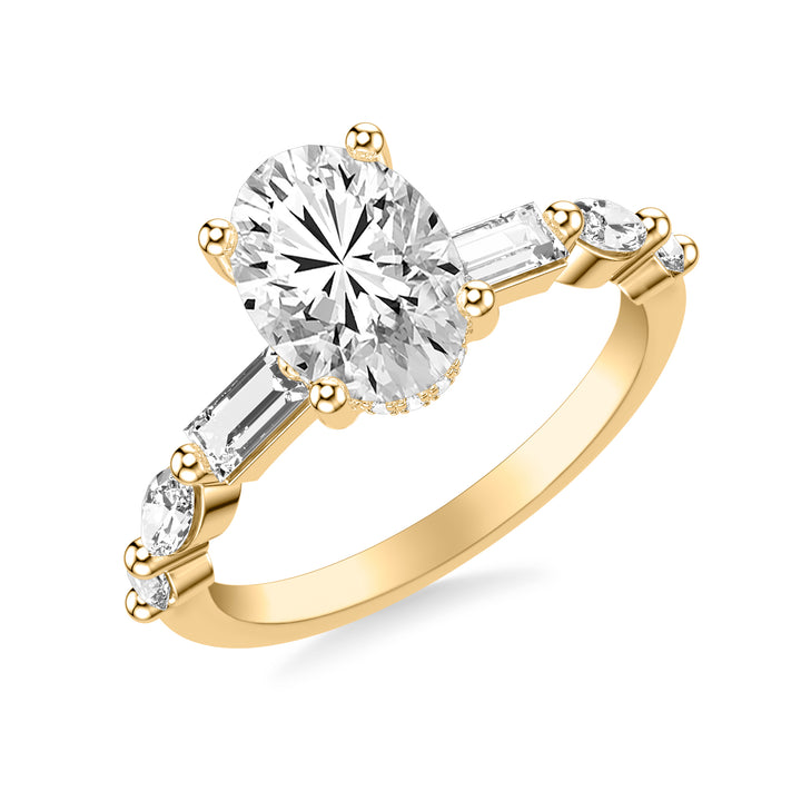 Contemporary Engagement Ring with Hidden Diamond Halo and Mixed Fancy Baguette and Marquise and Round Diamond Shank.  Center Stone is not included.