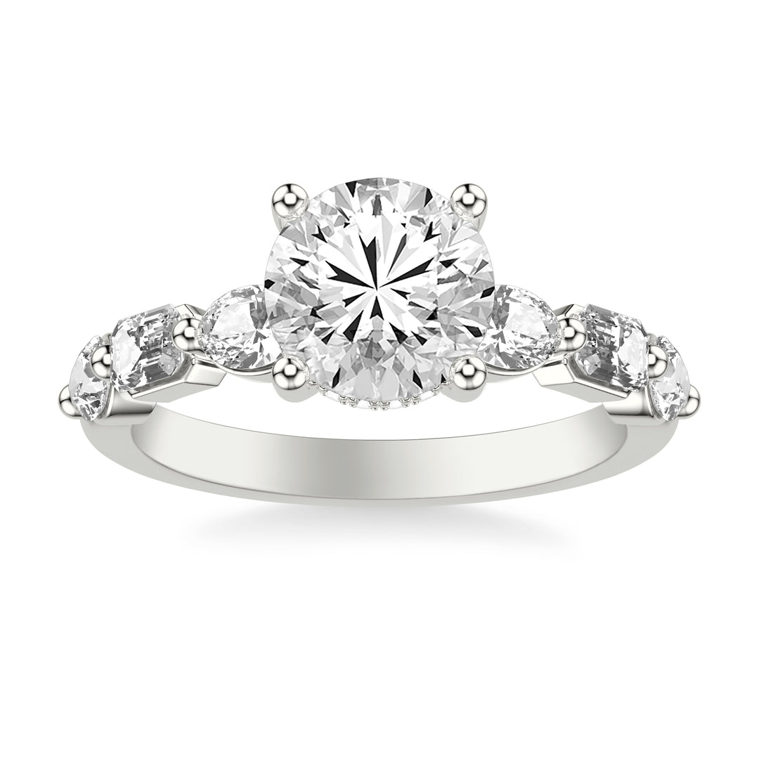Contemporary Engagement Ring with Hidden Diamond Halo and Mixed Fancy Oval and Emerald and Pear Diamond Shank