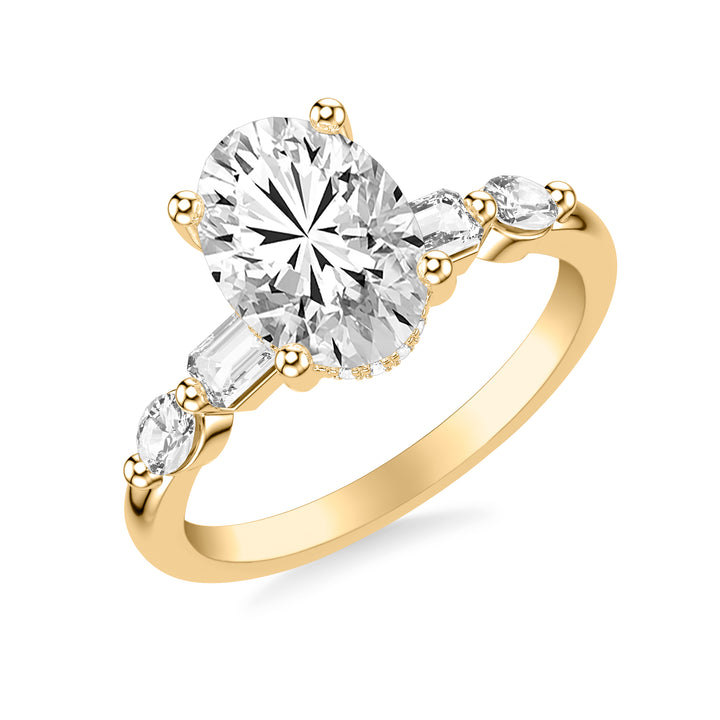 Contemporary Engagement Ring with Hidden Diamond Halo and Mixed Fancy Emerald and Oval Diamond Shank.  Center Stone is not included.