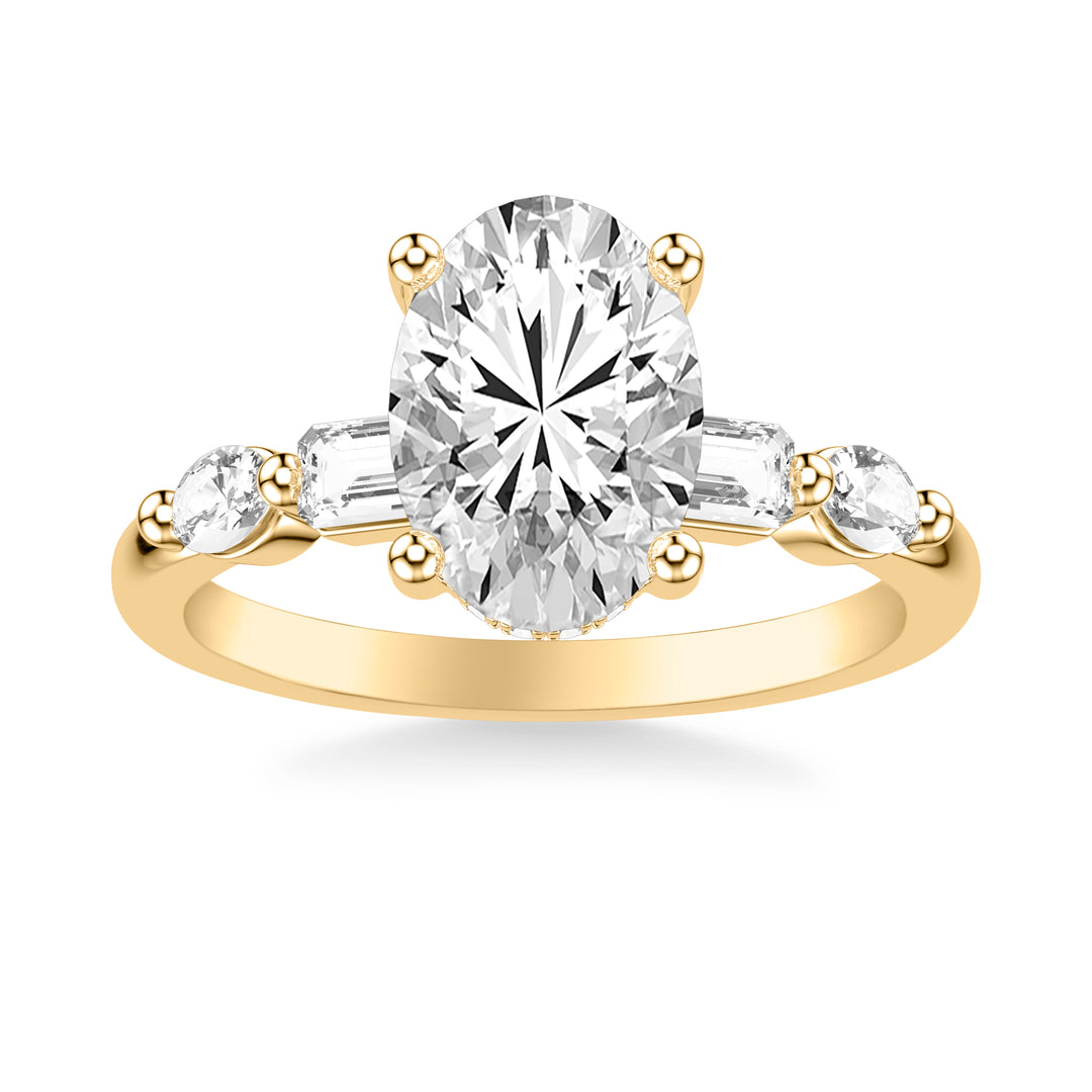 Contemporary Engagement Ring with Hidden Diamond Halo and Mixed Fancy Emerald and Oval Diamond Shank