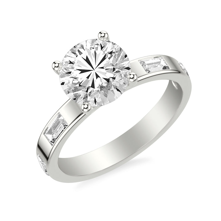 Contemporary Wide Band Engagement Ring with Bezel Set Distance Baguette East/West Diamond Polished Shank.  Center Stone is not included.