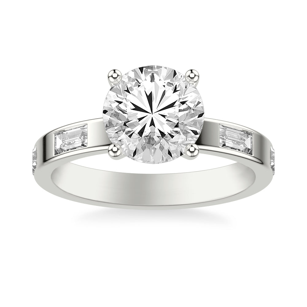 Contemporary Wide Band Engagement Ring with Bezel Set Distance Baguette East/West Diamond Polished Shank