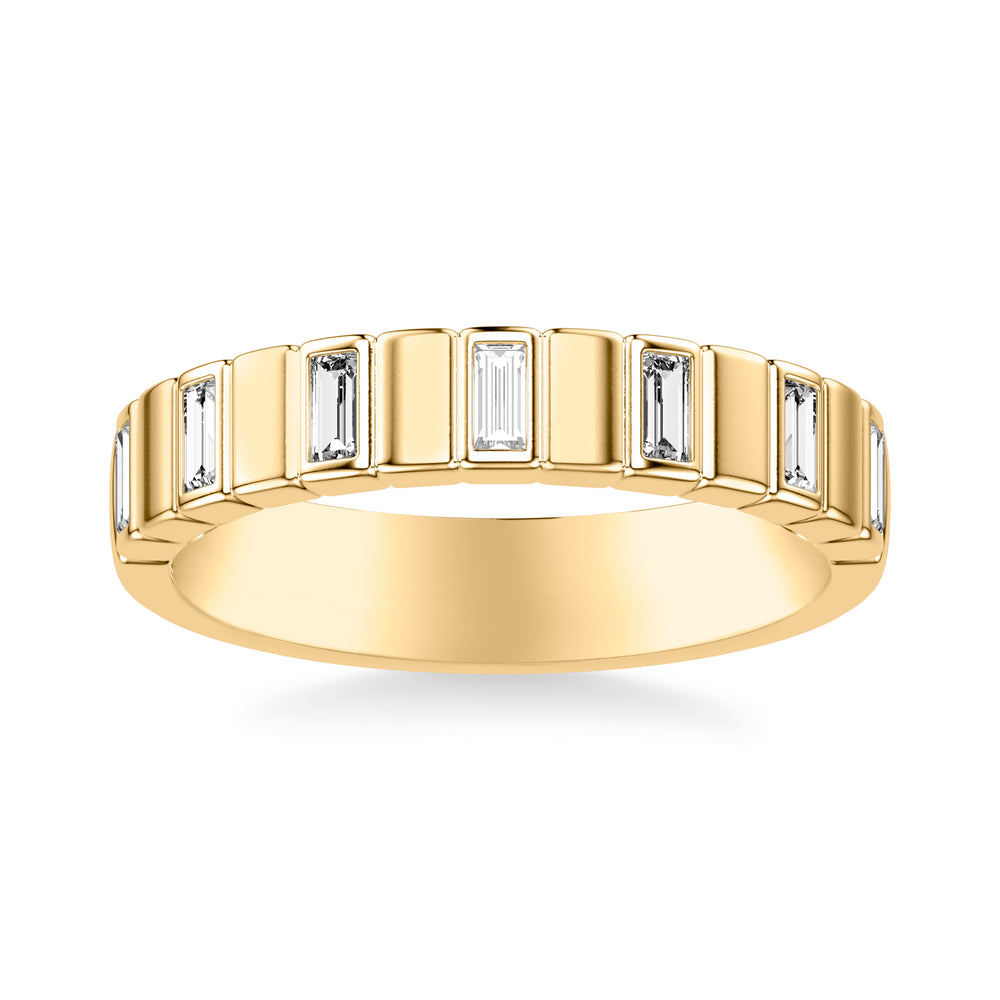 Contemporary Beveled Wedding Band with Alternating Bezel Set Baguette Diamonds and Polished Sections