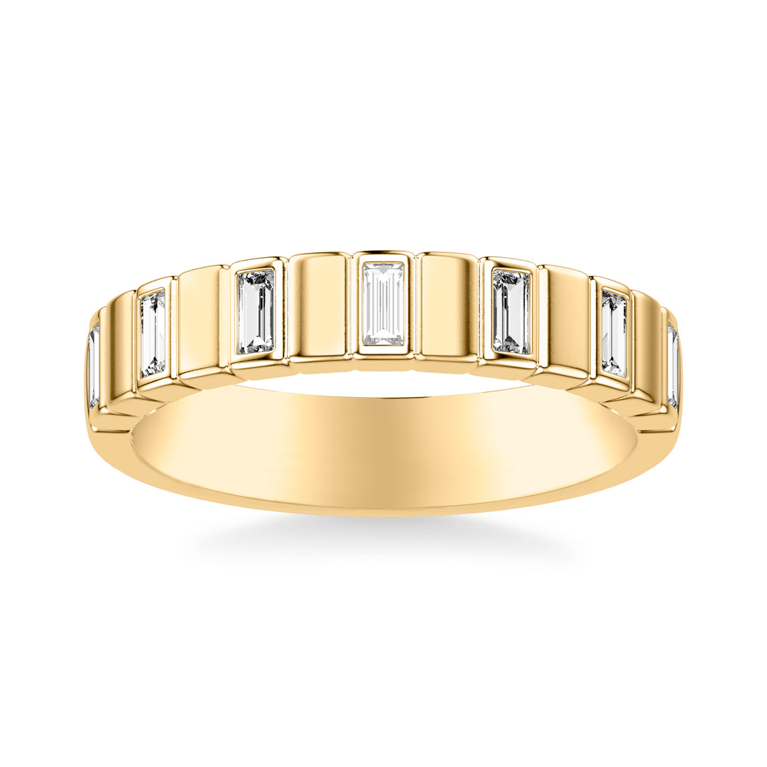 Contemporary Beveled Wedding Band with Alternating Bezel Set Baguette Diamonds and Polished Sections