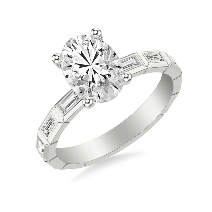 Contemporary Beveled Engagement Ring with Bezel Set East/West Baguette Diamonds