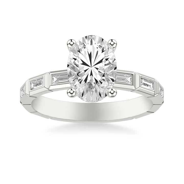 Contemporary Beveled Engagement Ring with Bezel Set East/West Baguette Diamonds