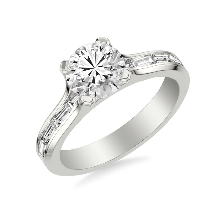Contemporary Beveled Engagement Ring with Continuous Channel Set East/West Baguette Diamond Shank.  Center Stone is not included.