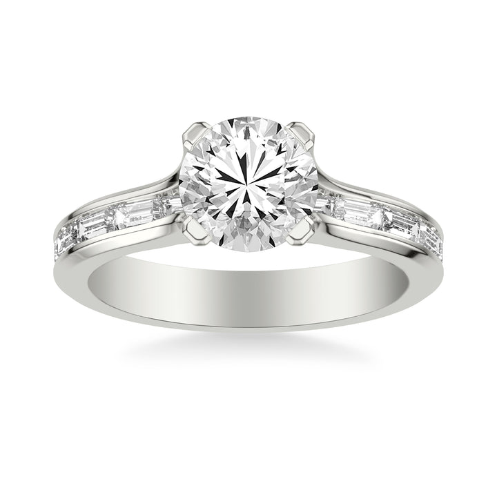 Contemporary Beveled Engagement Ring with Continuous Channel Set East/West Baguette Diamond Shank