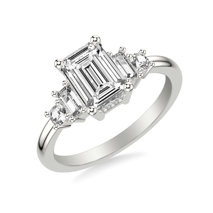 Contemporary Engagement Ring with Baguette and Round Diamonds and Polished Shank.  Center Stone is not included.