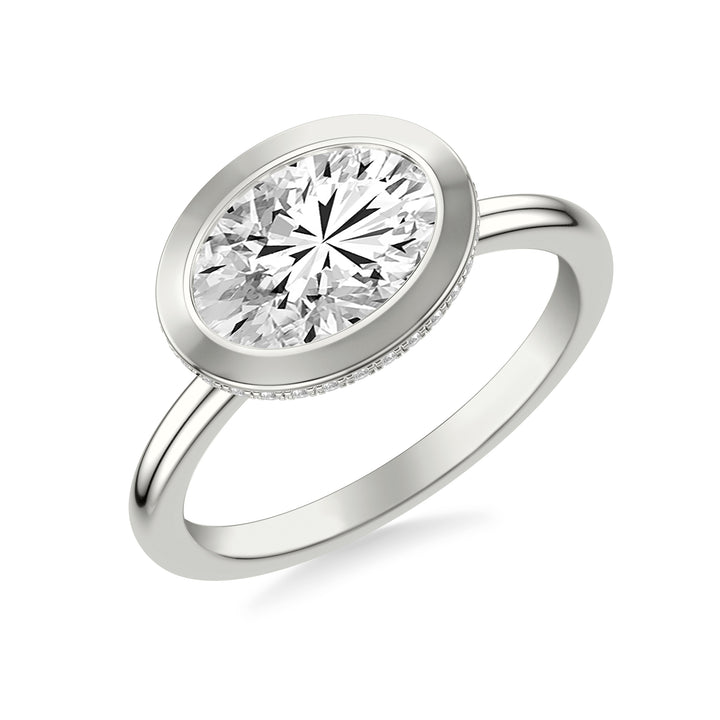 Contemporary East-West Bezel Set Engagement Ring with Hidden Halo and Polished Shank.  Center Stone is not included.