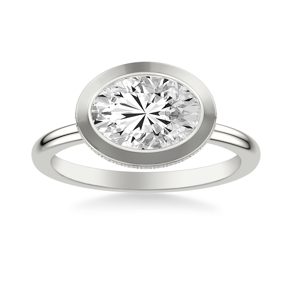 Contemporary East-West Bezel Set Engagement Ring with Hidden Halo and Polished Shank