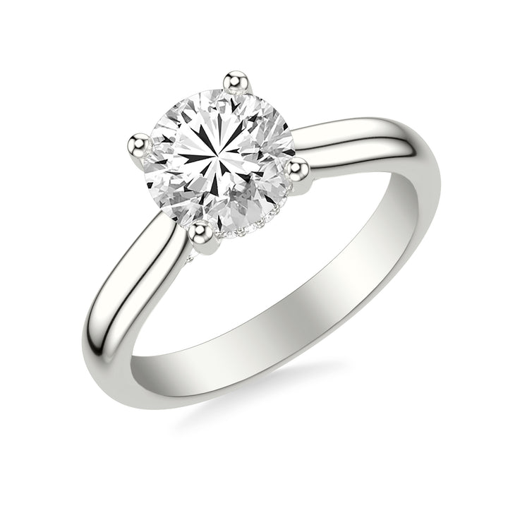 Classic Solitaire Engagement Ring with Hidden Halo and Diamond Bridge with 3MM Wide Polished Shank.  Center Stone is not included.