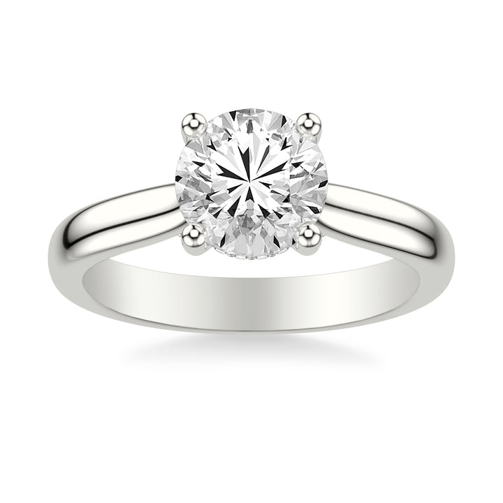 Classic Solitaire Engagement Ring with Hidden Halo and Diamond Bridge with 3MM Wide Polished Shank