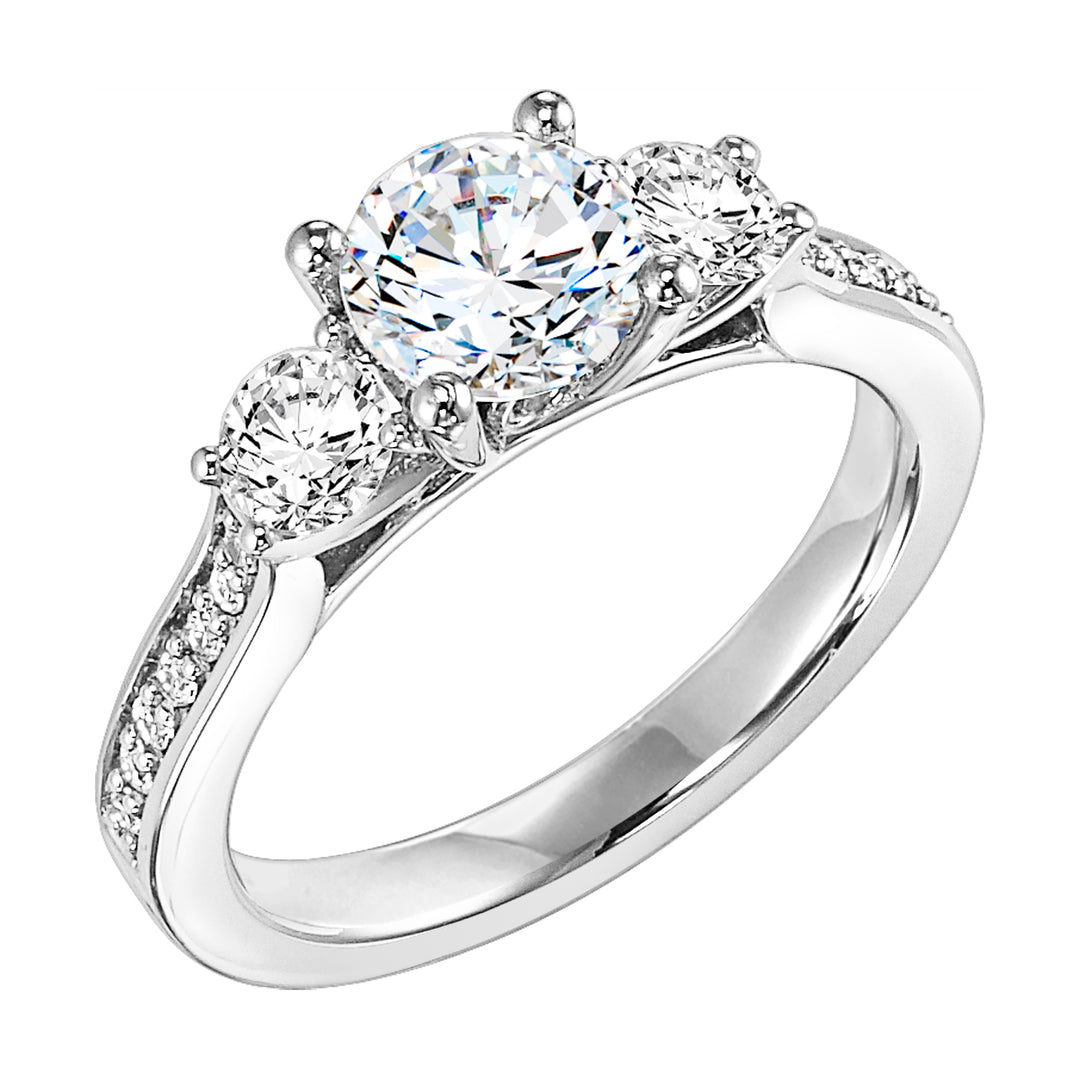 This impressive 3-stone diamond engagement ring dazzles brilliantly with its diamond accented band