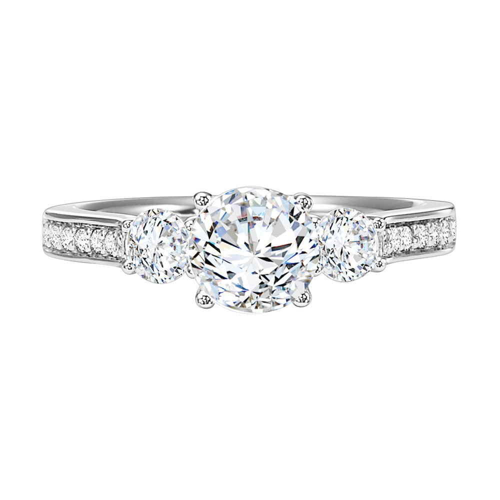 This impressive 3-stone diamond engagement ring dazzles brilliantly with its diamond accented band.  Center Stone is not included.