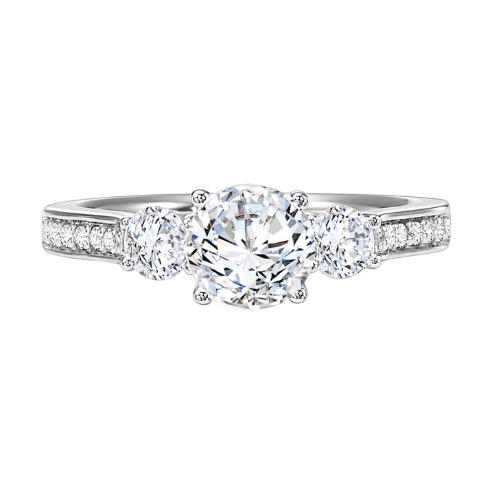 This impressive 3-stone diamond engagement ring dazzles brilliantly with its diamond accented band.  Center Stone is not included.
