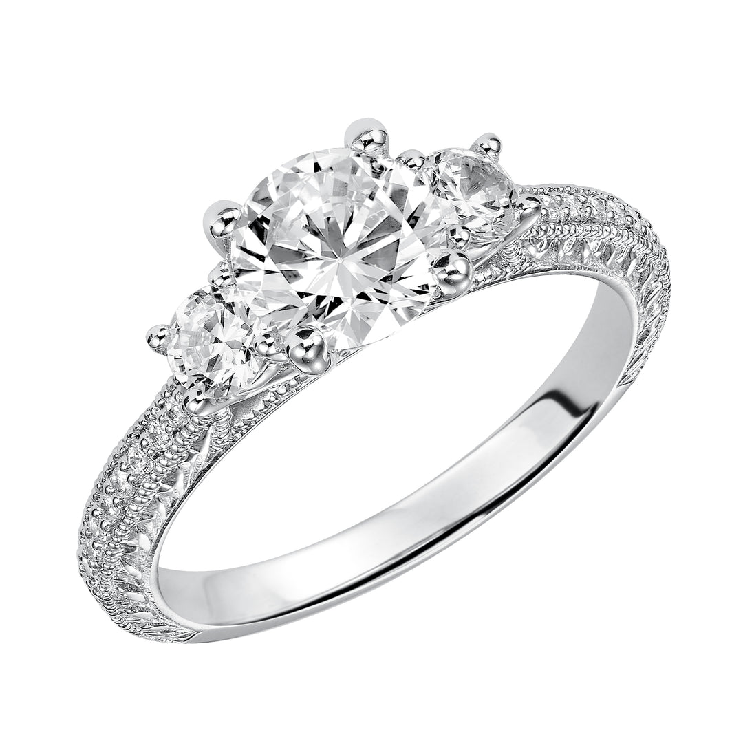 31-745ERW-E.00 - Goldman - This eye-catching 3-stone engagement sparkles with its diamond prong set band with engraving and milgrain details