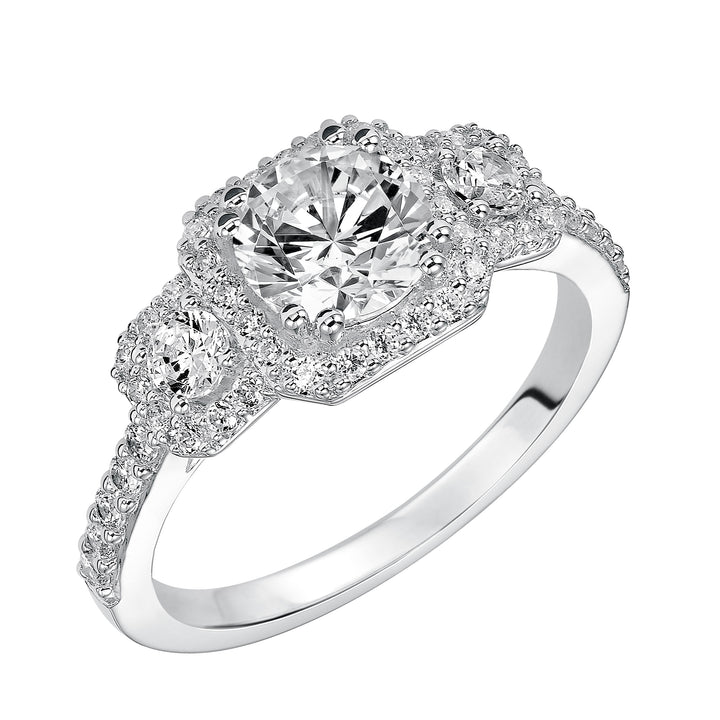 3-stone diamond engagement ring features prong set diamond halos surrounding each diamond whilst paired with a matching diamond band