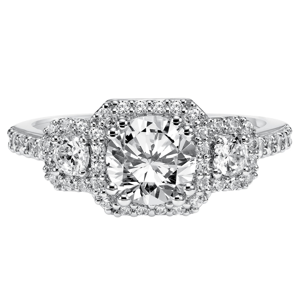 3-stone diamond engagement ring features prong set diamond halos surrounding each diamond whilst paired with a matching diamond band