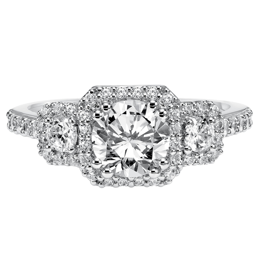3-stone diamond engagement ring features prong set diamond halos surrounding each diamond whilst paired with a matching diamond band