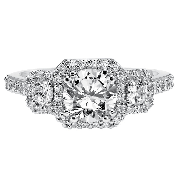 3-stone diamond engagement ring features prong set diamond halos surrounding each diamond whilst paired with a matching diamond band