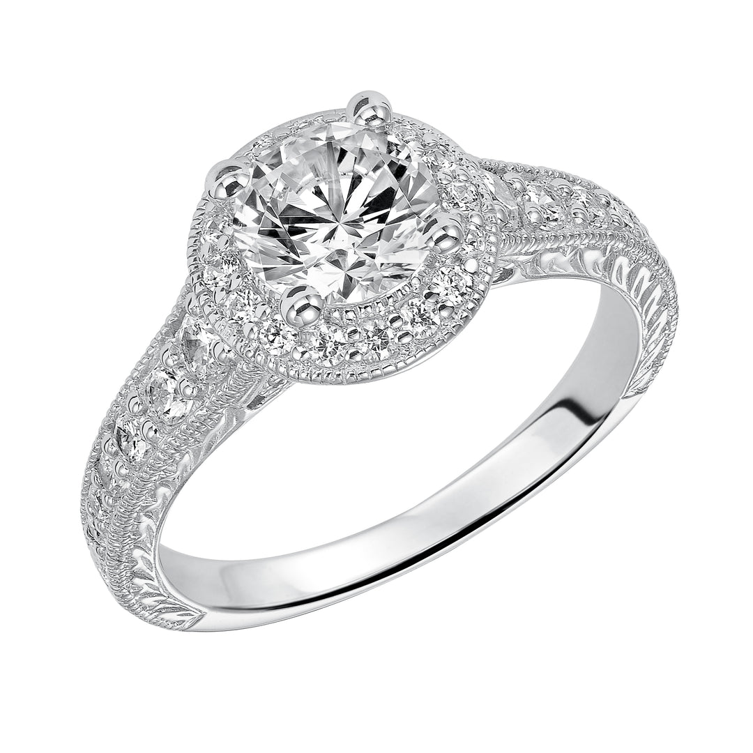 31-786ECW-E.00 - Goldman - This show-stopping engagement ring is sure to impress with its diamond prong set halo and band with milgrain and engraving