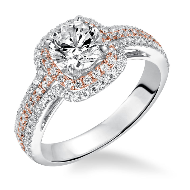 This engagement ring is truly breathtaking featuring both rose and white gold in its prong set diamond double halo and three row band design .  Center Stone is not included.