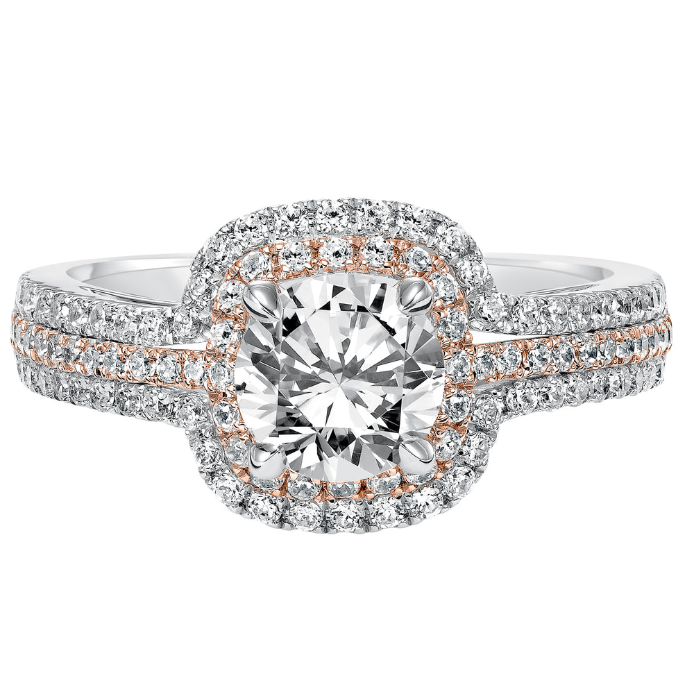 This engagement ring is truly breathtaking featuring both rose and white gold in its prong set diamond double halo and three row band design .  Center Stone is not included.