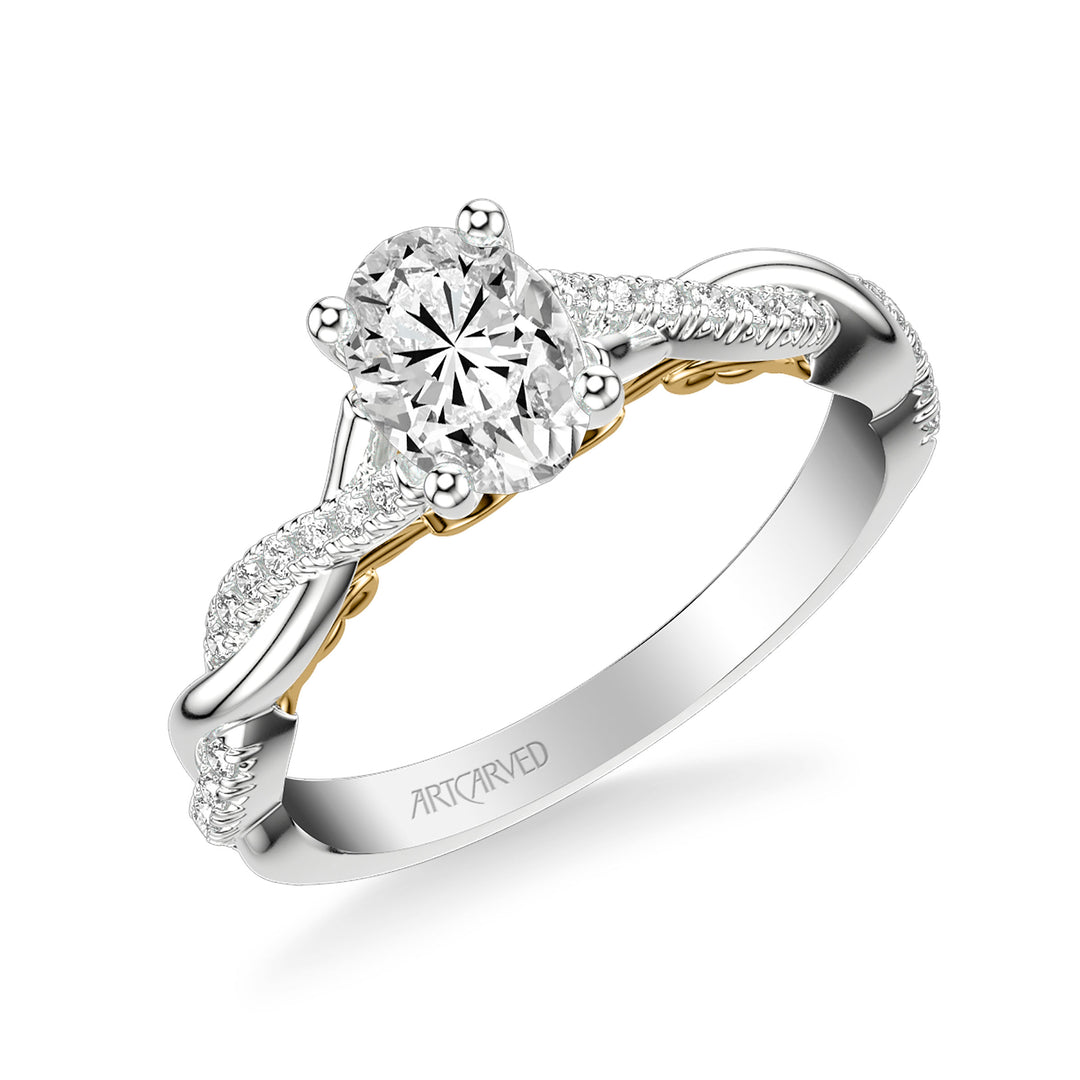 31-V1012-E - ARTCARVED - Lyric Engagement Ring with Carved Gallery details and Alternating Diamond and Polish Twist Shank