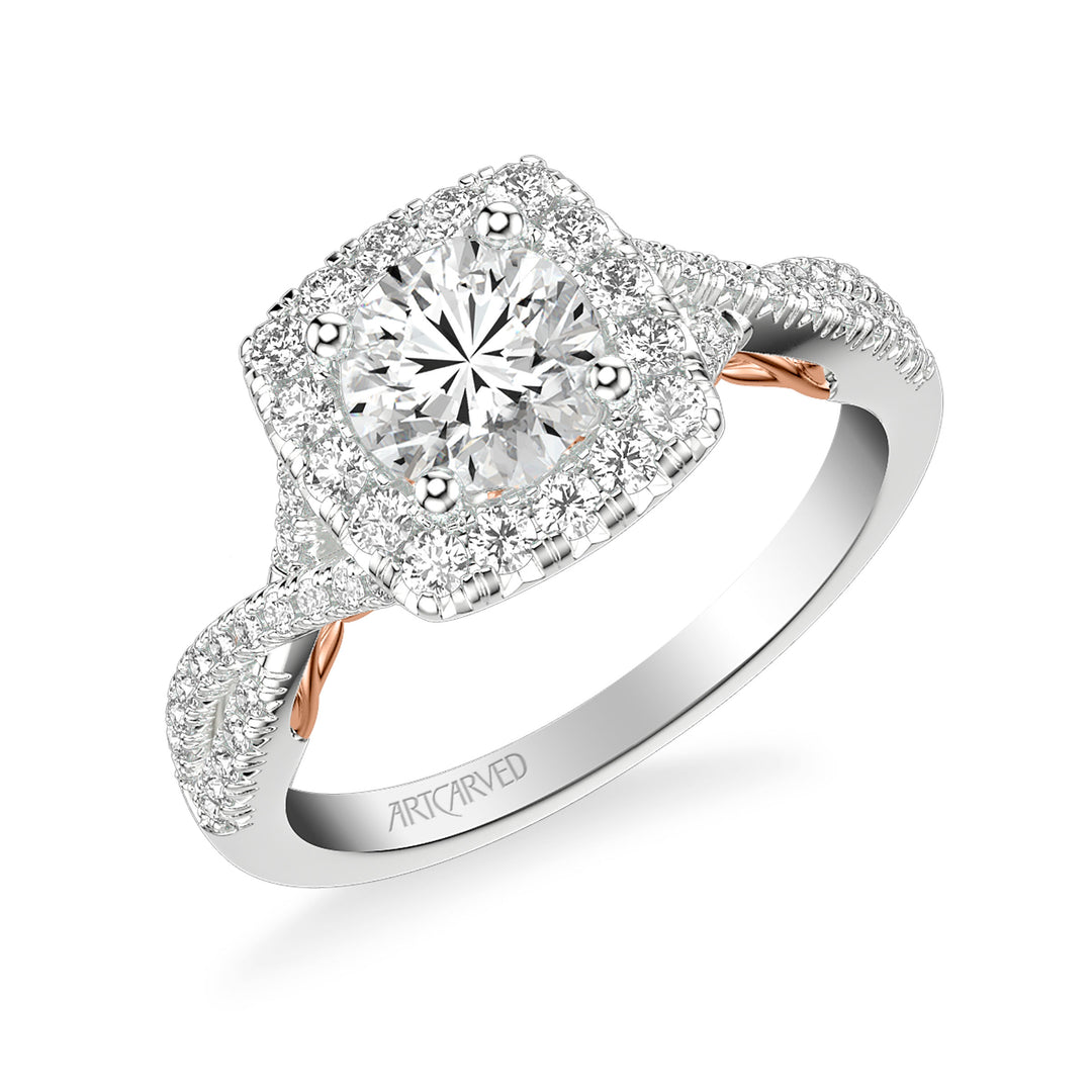 31-V1013-E - ARTCARVED - Lyric Engagement Ring with Cushion Diamond Halo and Carved Gallery details with Twist Diamond Shank