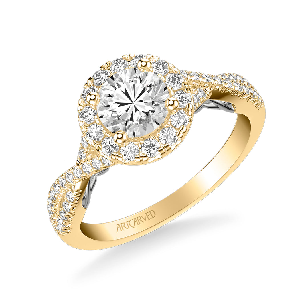 31-V1014ERYW-E.01 - Goldman - Lyric Engagement Ring with Round Diamond Halo and Carved Gallery details with Twist Diamond Shank