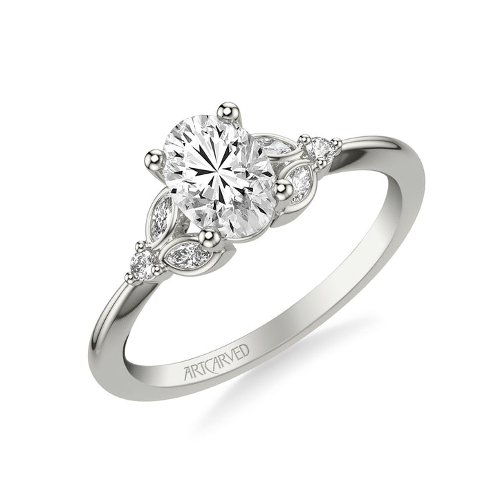 31-V1031-E - ARTCARVED - Floral Engagement Ring with Bezel Set Marquise Diamond Petal Accents and Polished Shank