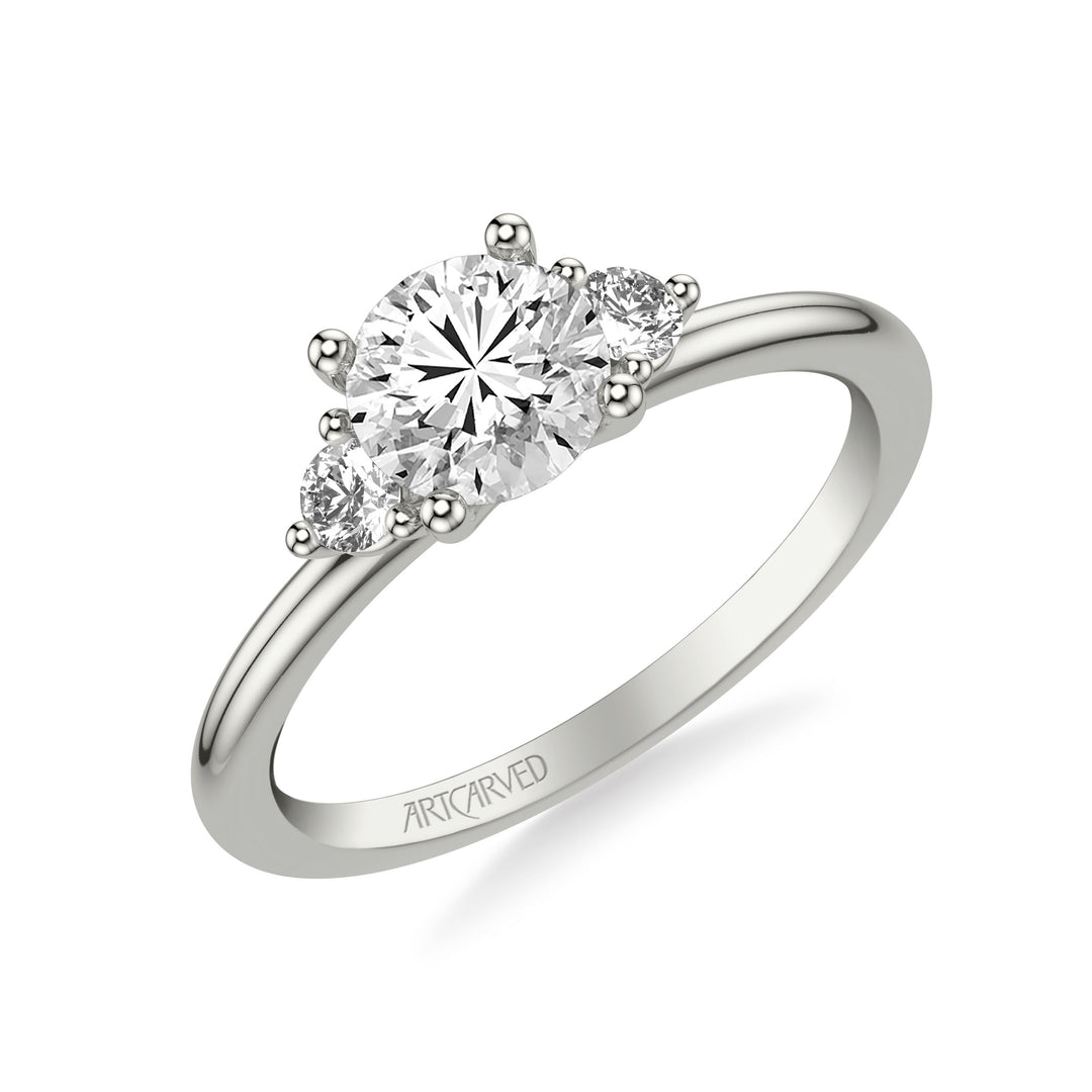 Classic Three-Stone Engagement Ring with Round Side Stone Diamonds.  Center Stone is not included.
