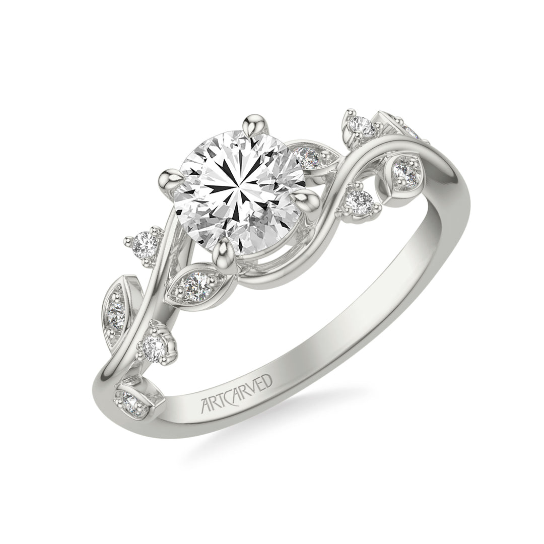 31-V1036DRW-E.01 - Goldman - Floral Engagement Ring with Diamond Petal Accents and Floating Diamonds and Polished Shank