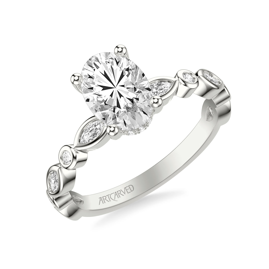 Floral Engagement Ring with Hidden Diamond Halo and Alternating Bezel Set Marquise and Round Diamonds.  Center Stone is not included.