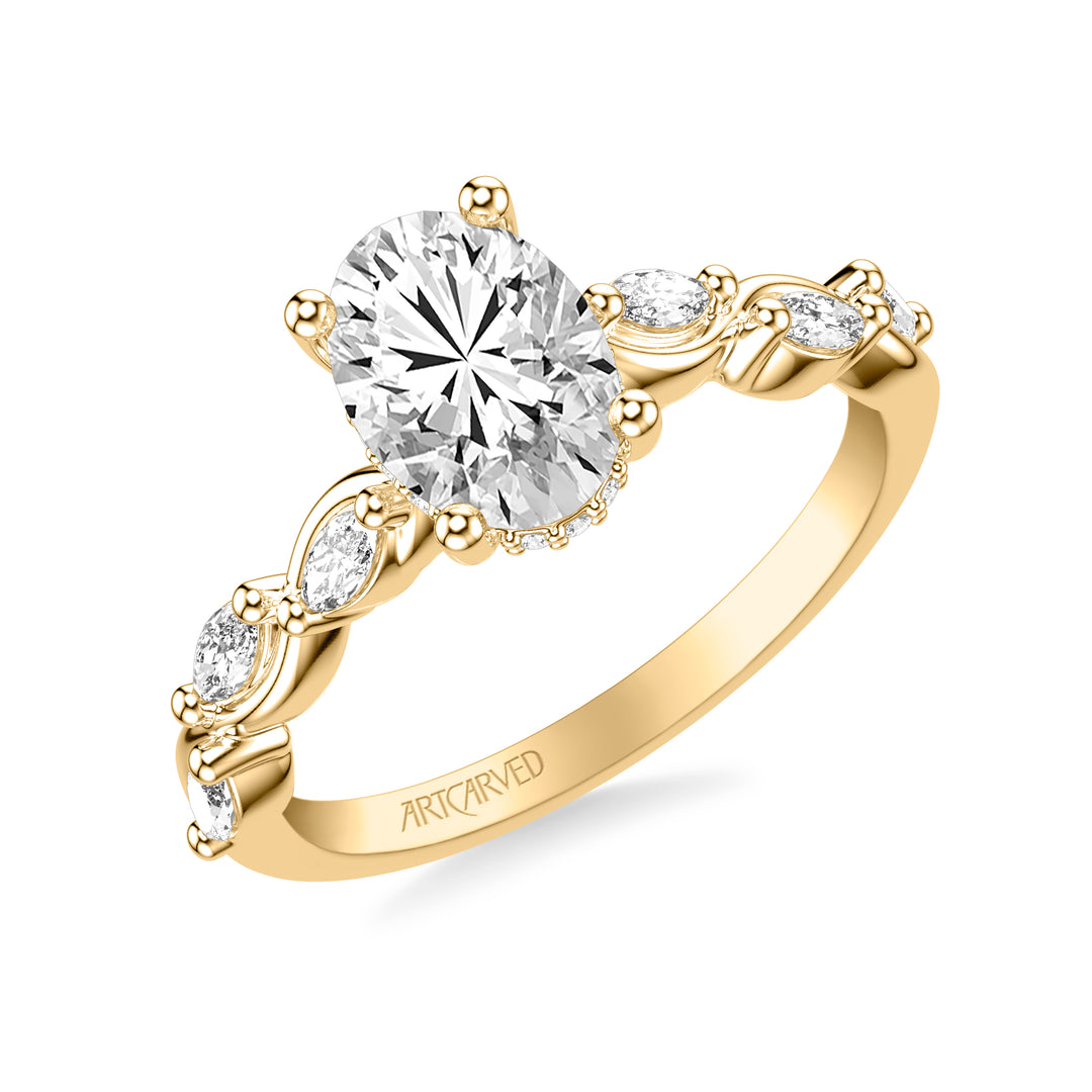Floral Engagement Ring with Hidden Diamond Halo and Twisted Vine Bezel Set Marquise Diamonds.  Center Stone is not included.
