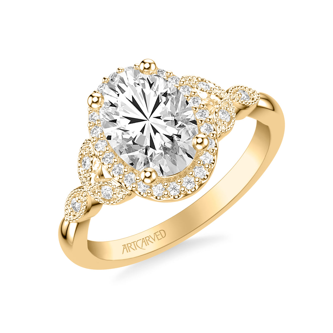 31-V1073GVY-E.01 - ARTCARVED - Floral Engagement Ring with Oval Diamond Halo and Milgrain Marquise Shape Diamond Petals