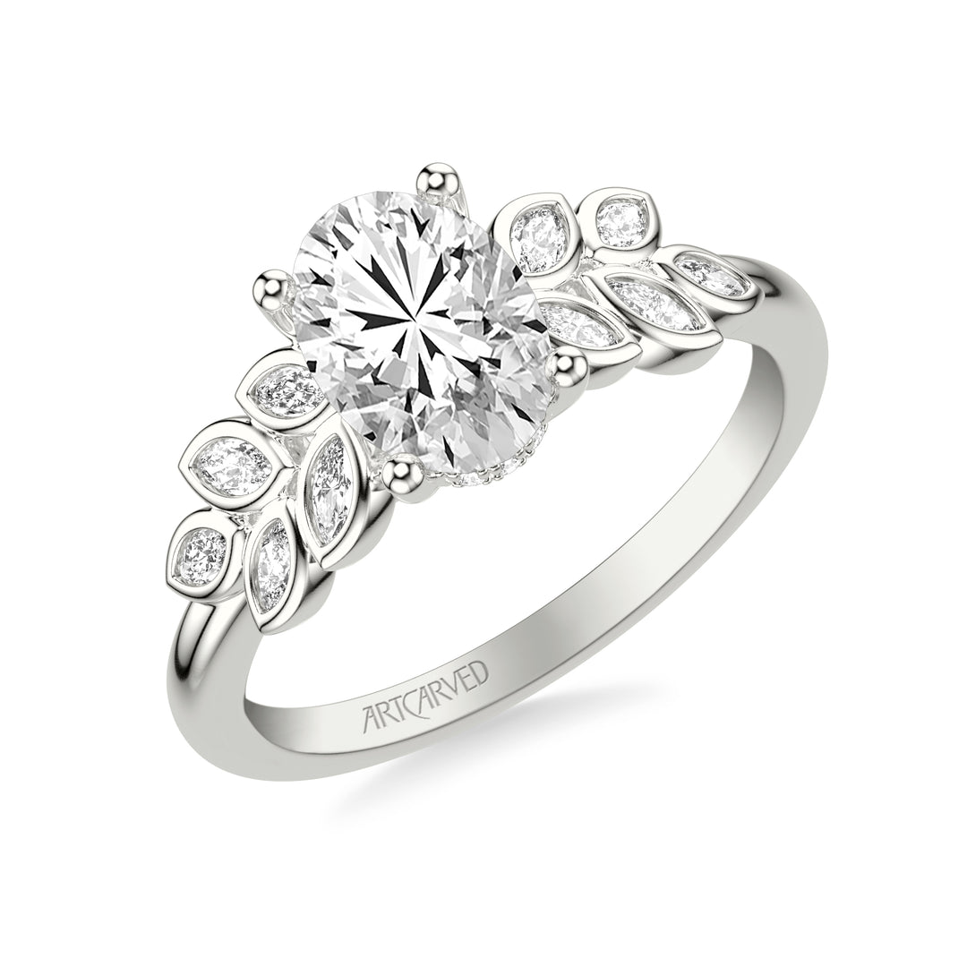 31-V1075GVY-E.01 - ARTCARVED - Floral Engagement Ring with Cluster Bezel Set Marquise Diamond Petals and Polished Shank