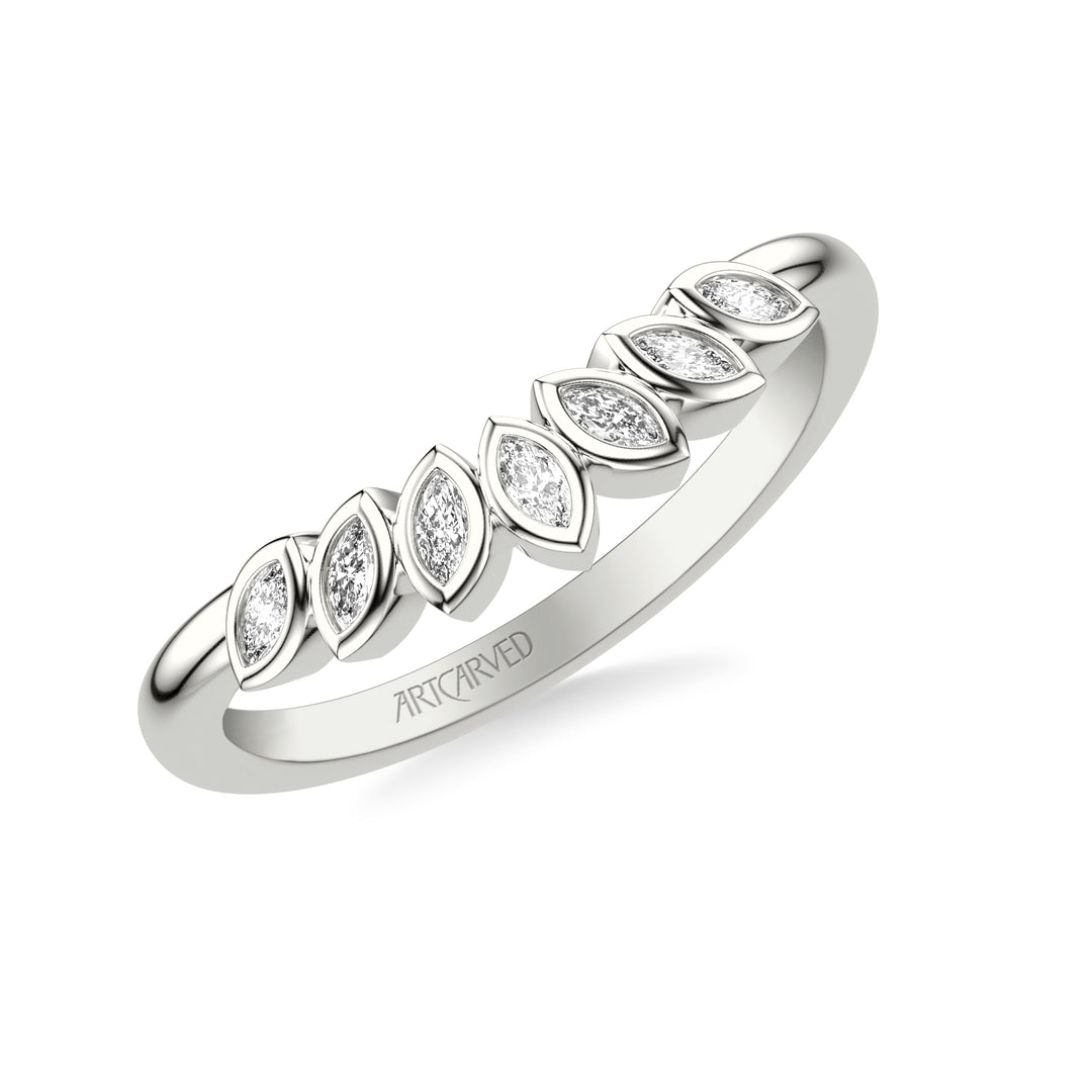31-V1075-L - ARTCARVED - Floral Curved Wedding Band with Bezel Set Marquise Diamonds