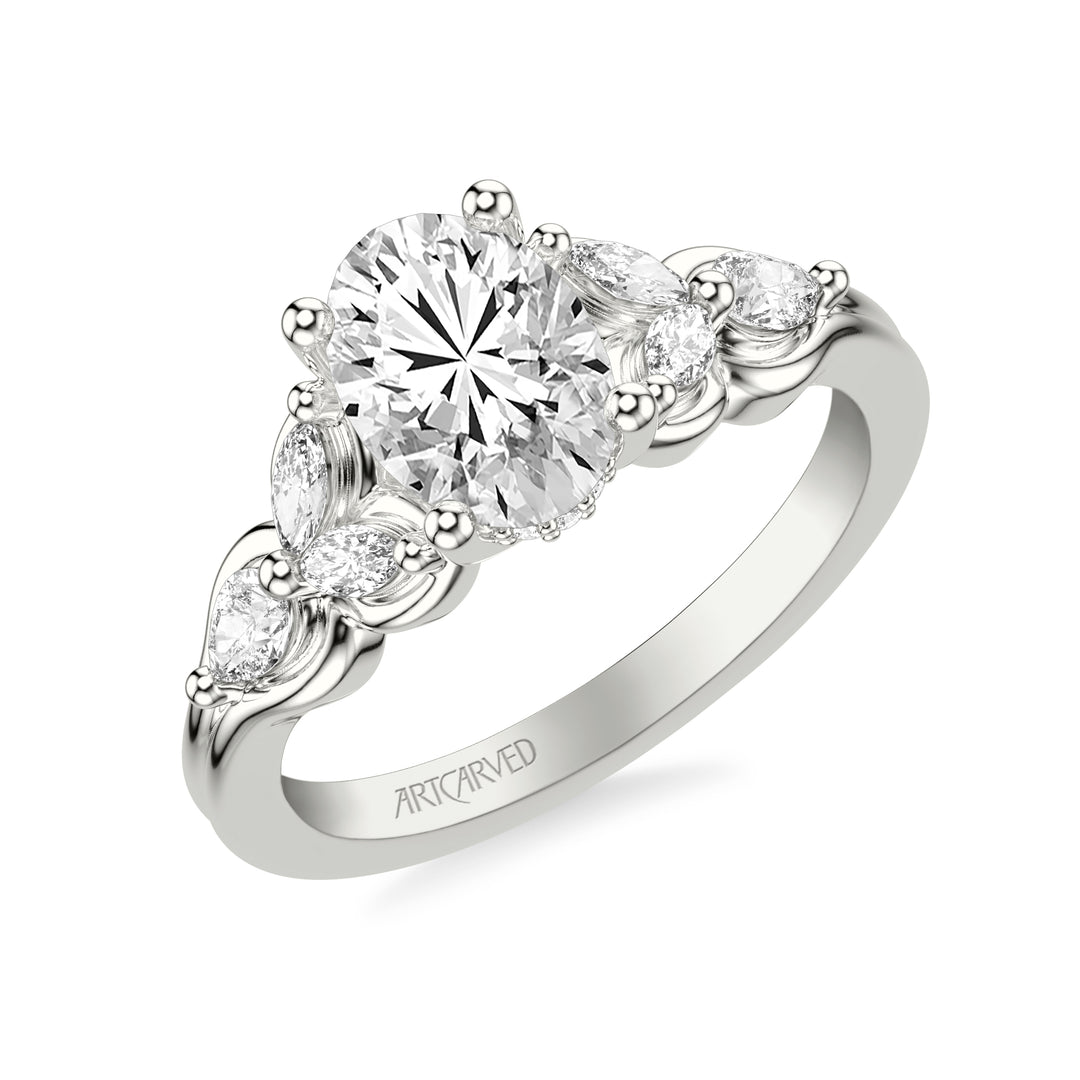 Floral Engagement Ring with Bezel Set Marquise Diamond Petals and Pear Diamond Accents with Double Row Polished Shank.  Center Stone is not included.
