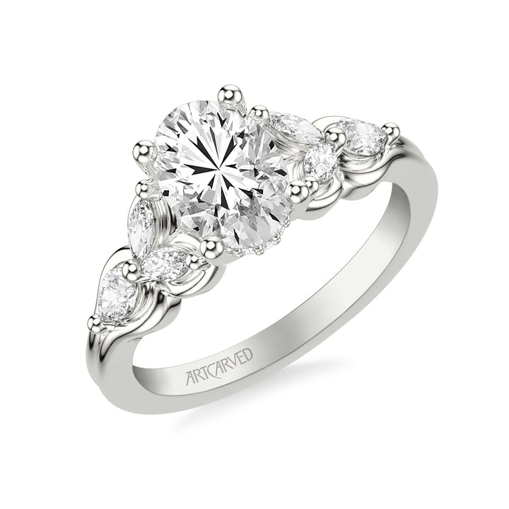 Floral Engagement Ring with Bezel Set Marquise Diamond Petals and Pear Diamond Accents with Double Row Polished Shank.  Center Stone is not included.